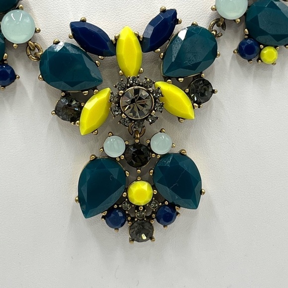 J. Crew Crystal Floral Teal Indigo Yellow Multi-Color Statement Bib Necklace - Picture 7 of 15